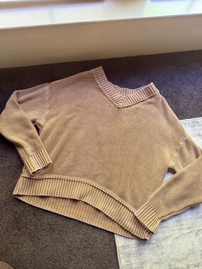 American Eagle Outfitters Beige Cotton Chunky-Knit Pullover Sweater V-Neck